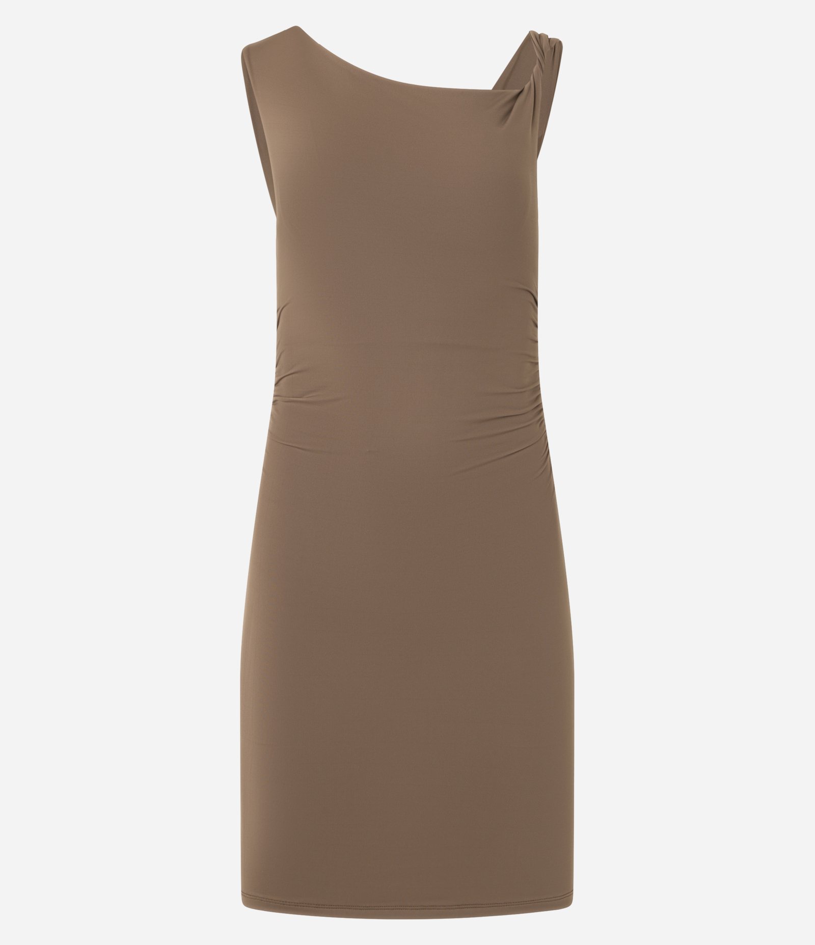 Vestido Curto em Microfibra sem Mangas com Ombro Torcido Marrom 4