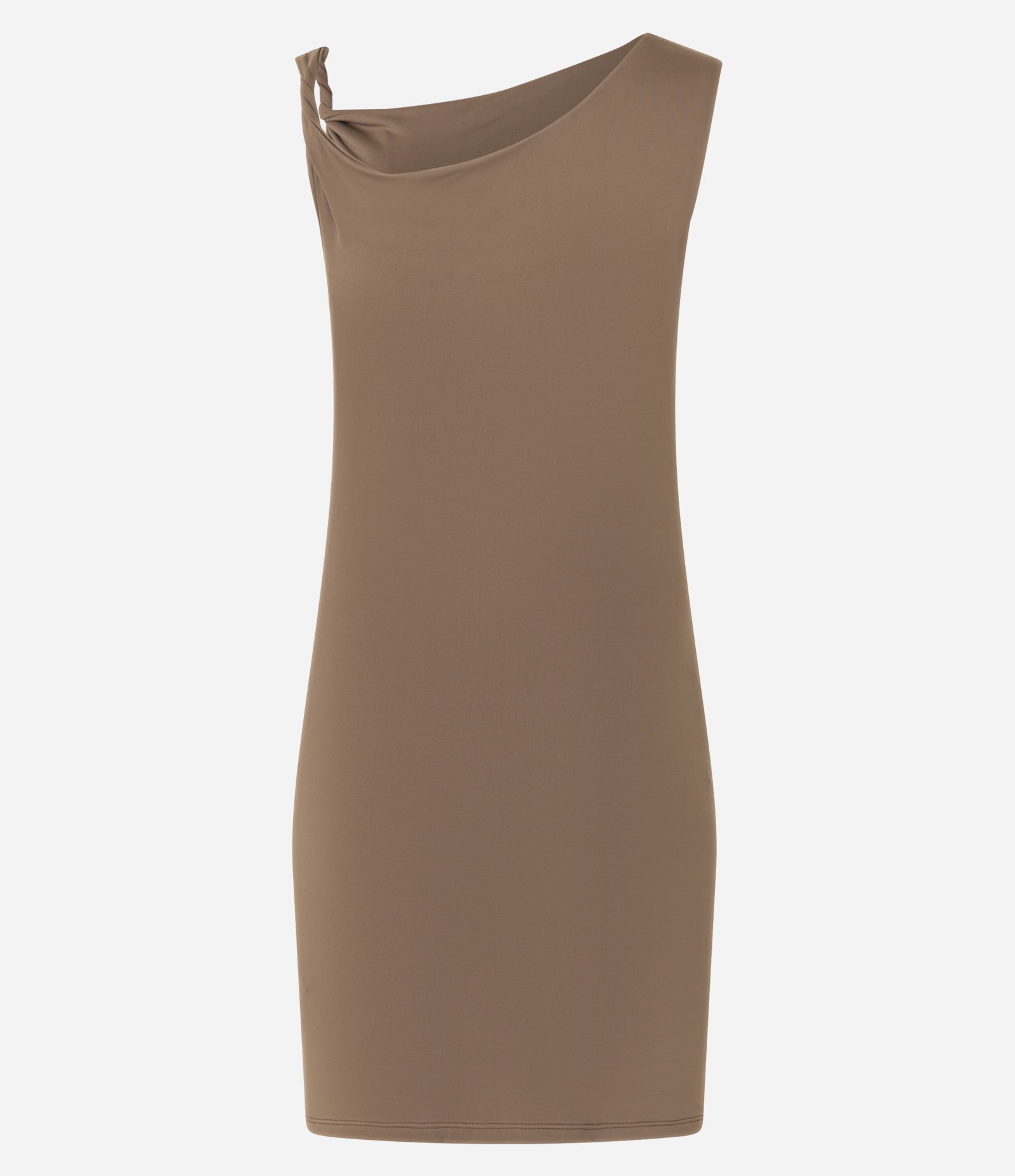 Vestido Curto em Microfibra sem Mangas com Ombro Torcido Marrom 5