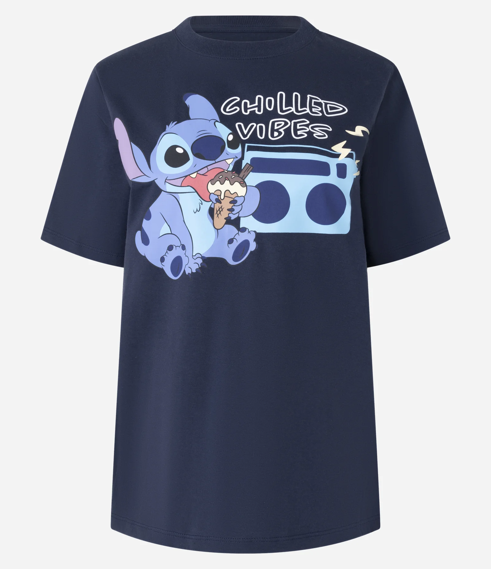Camiseta Alongada em Algodão com Estampa Stitch Chilled Vibes Azul 4