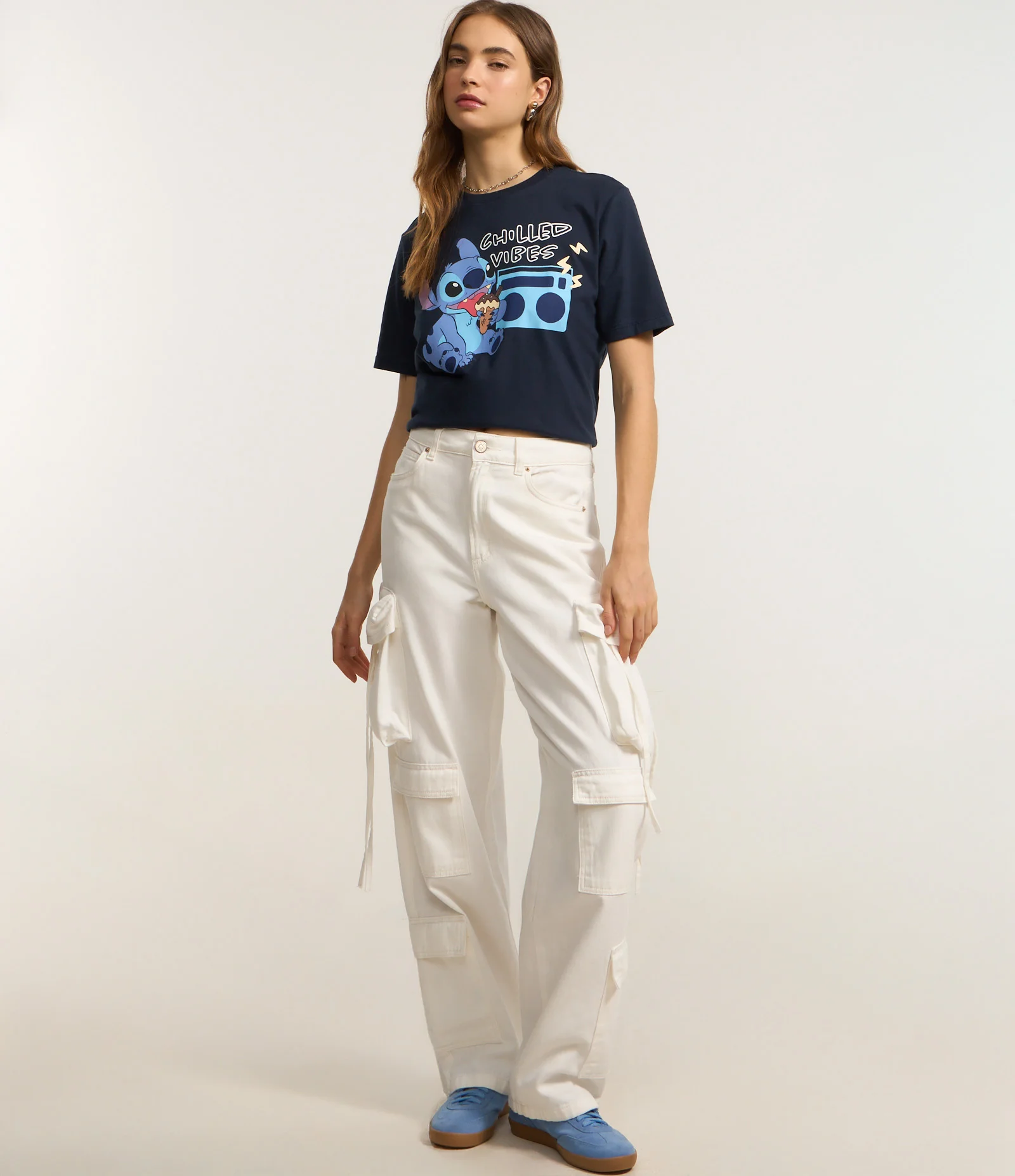 Camiseta Alongada em Algodão com Estampa Stitch Chilled Vibes Azul 3