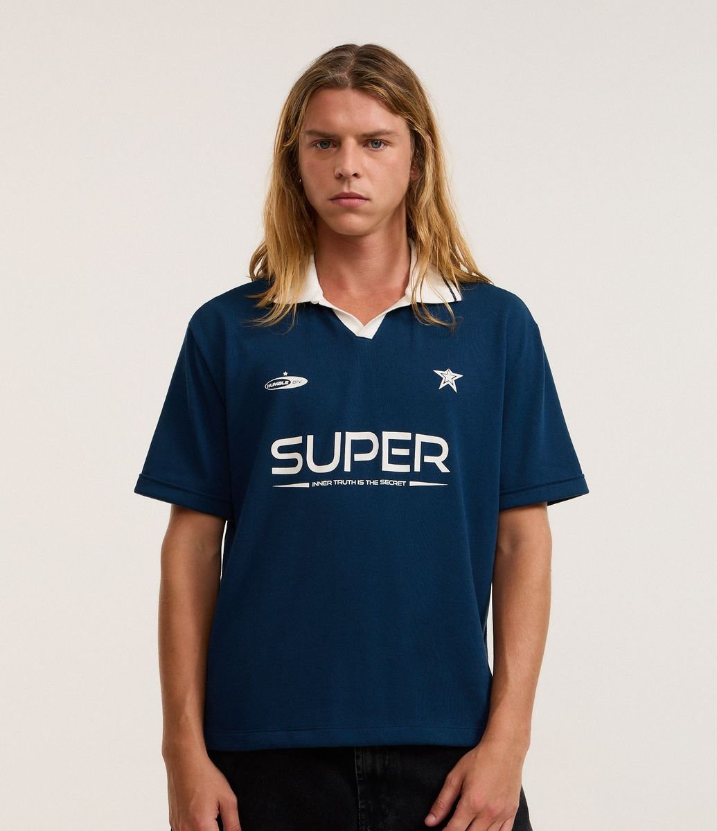 Camisa Polo Sportcore em Algodão com Estampa Lettering Azul