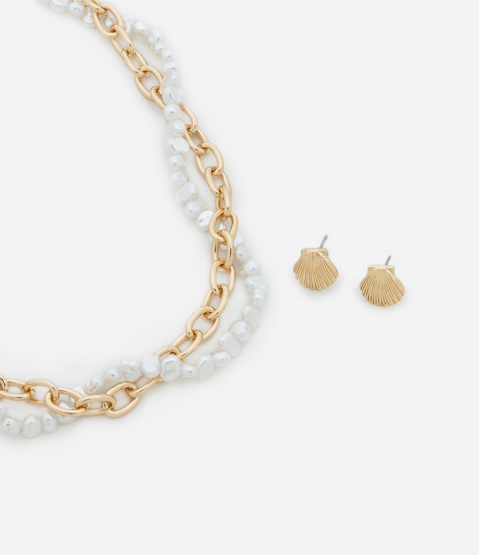 Conjunto de Colar Pérola Trançada com Corrente e Brinco de Concha em metal Dourado 2