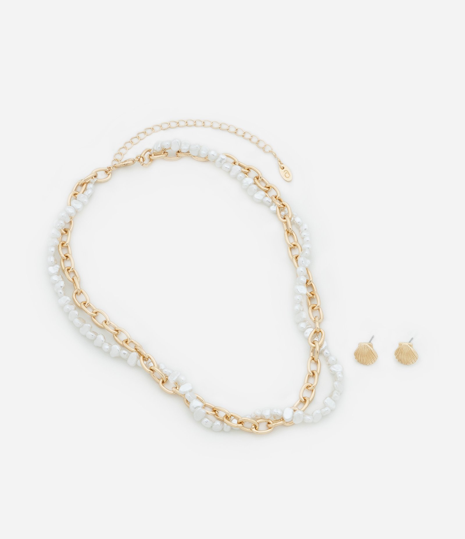 Conjunto de Colar Pérola Trançada com Corrente e Brinco de Concha em metal Dourado 3