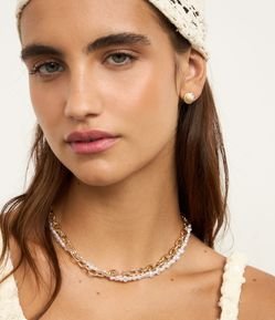 Conjunto de Colar Pérola Trançada com Corrente e Brinco de Concha em metal
