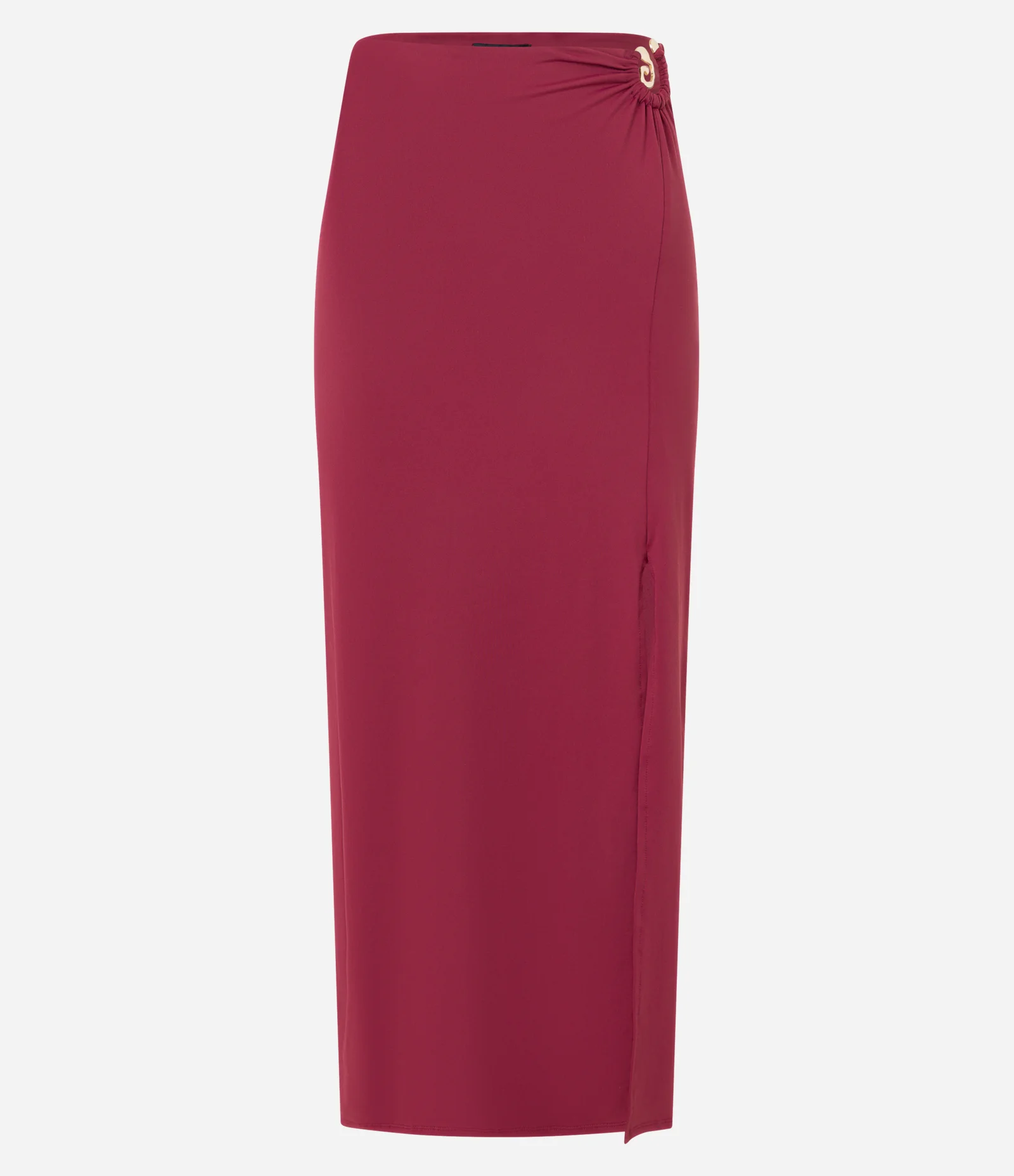 Saia Reta Midi com Detalhe Metalizado Franzido e Fenda Bordô Claro 6