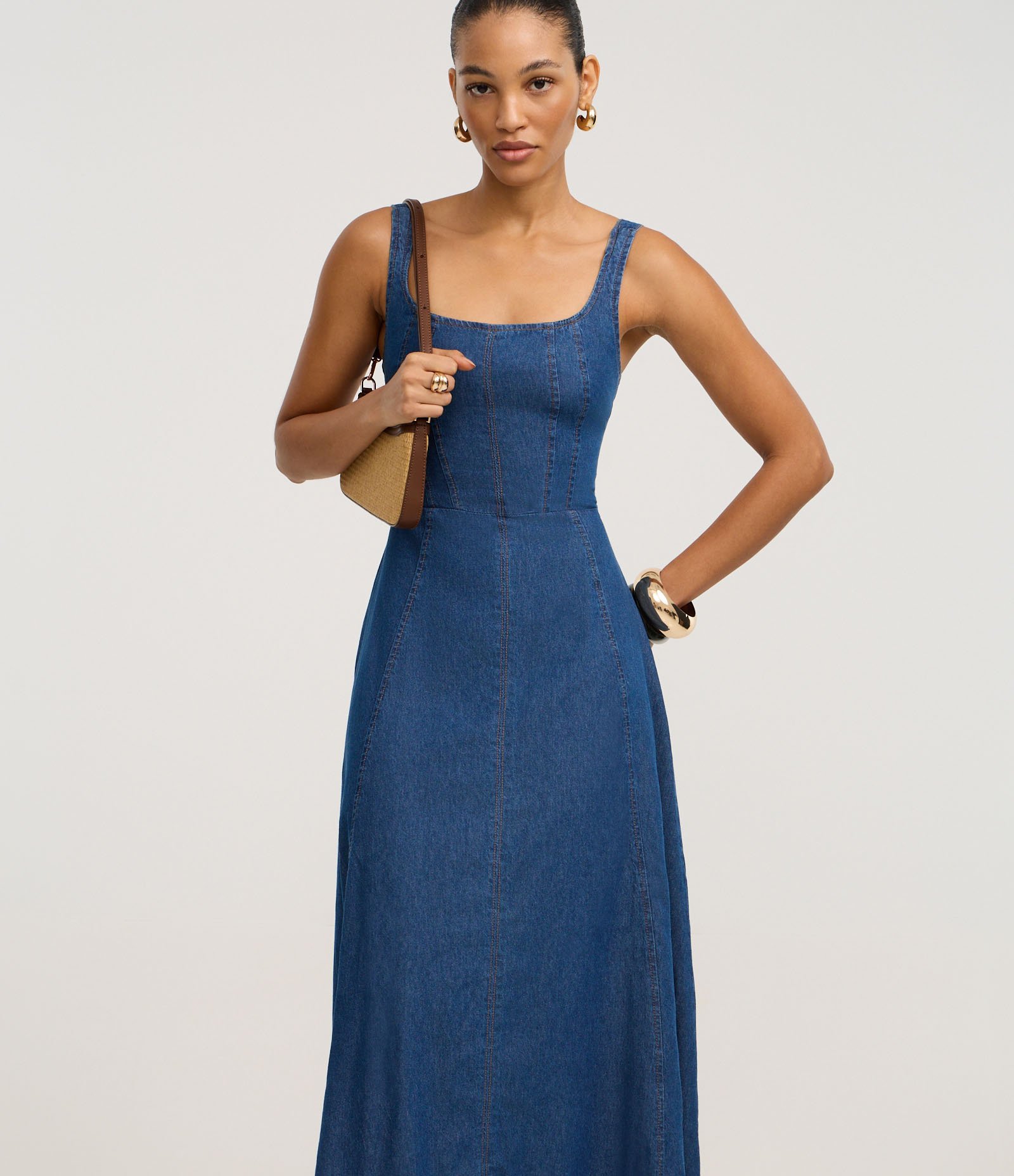 Vestido Midi em Jeans com Recorte Frontais Azul médio 1