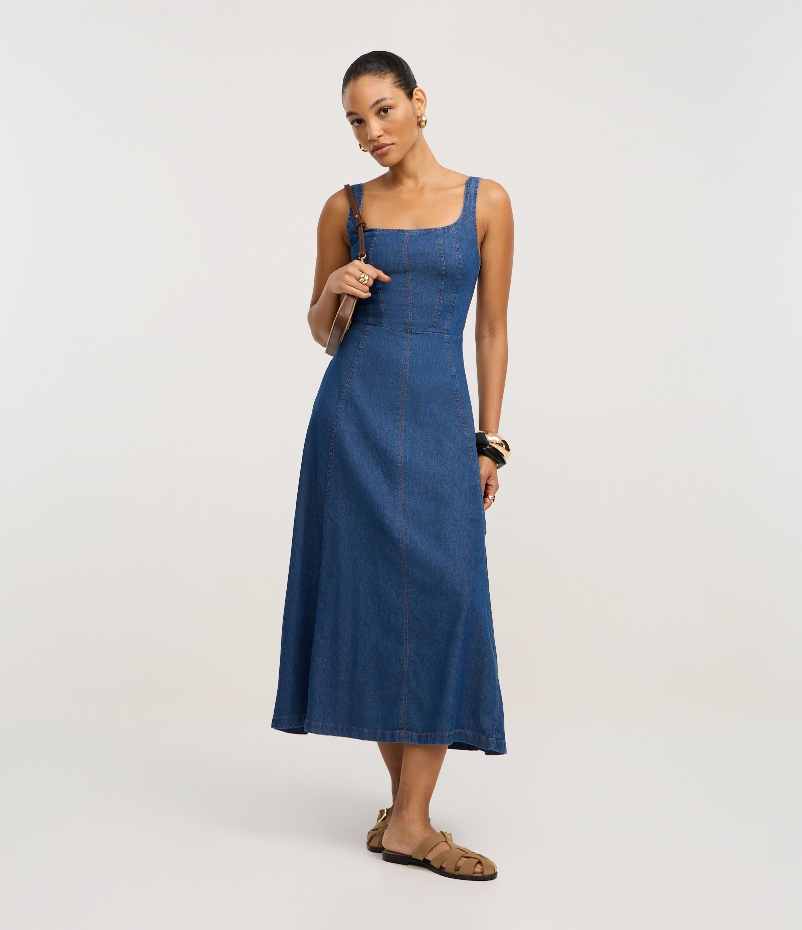 Vestido Midi em Jeans com Recorte Frontais Azul médio 2