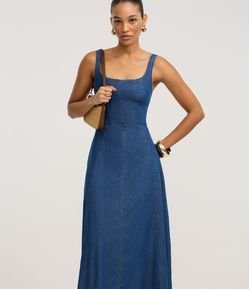 Vestido Midi em Jeans com Recorte Frontais