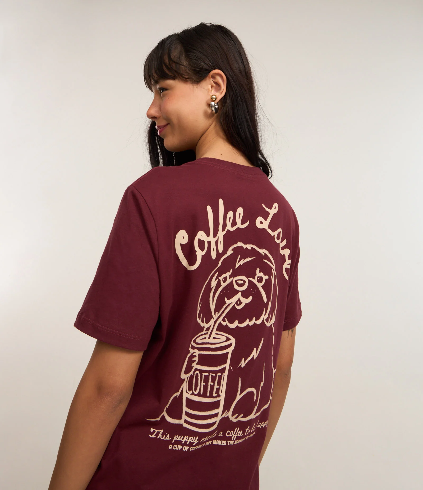 Camiseta Alongada em Algodão com Estampa Coffe Love Bordô 1