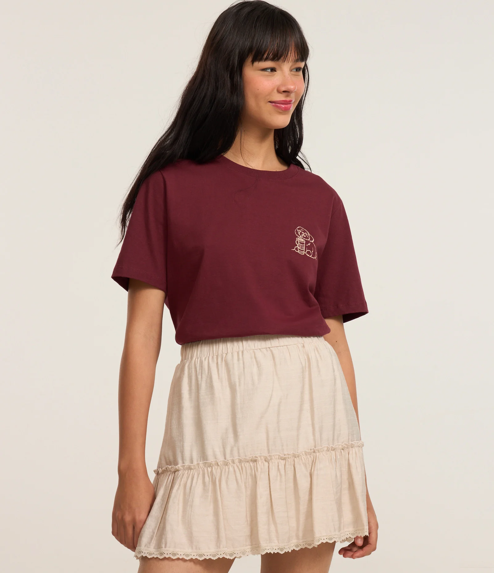 Camiseta Alongada em Algodão com Estampa Coffe Love Bordô 2