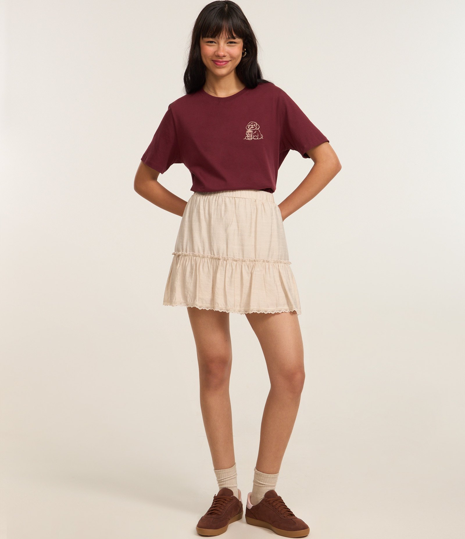 Camiseta Alongada em Algodão com Estampa Coffe Love Bordô 3