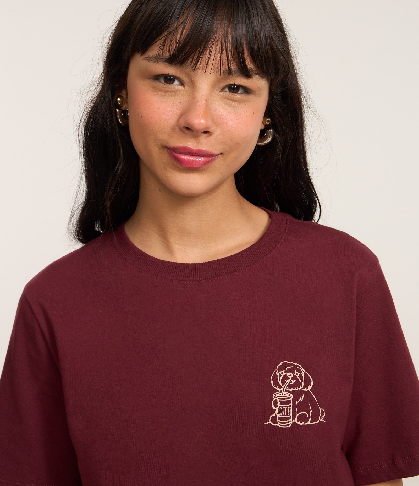 Camiseta Alongada em Algodão com Estampa Coffe Love Bordô 4