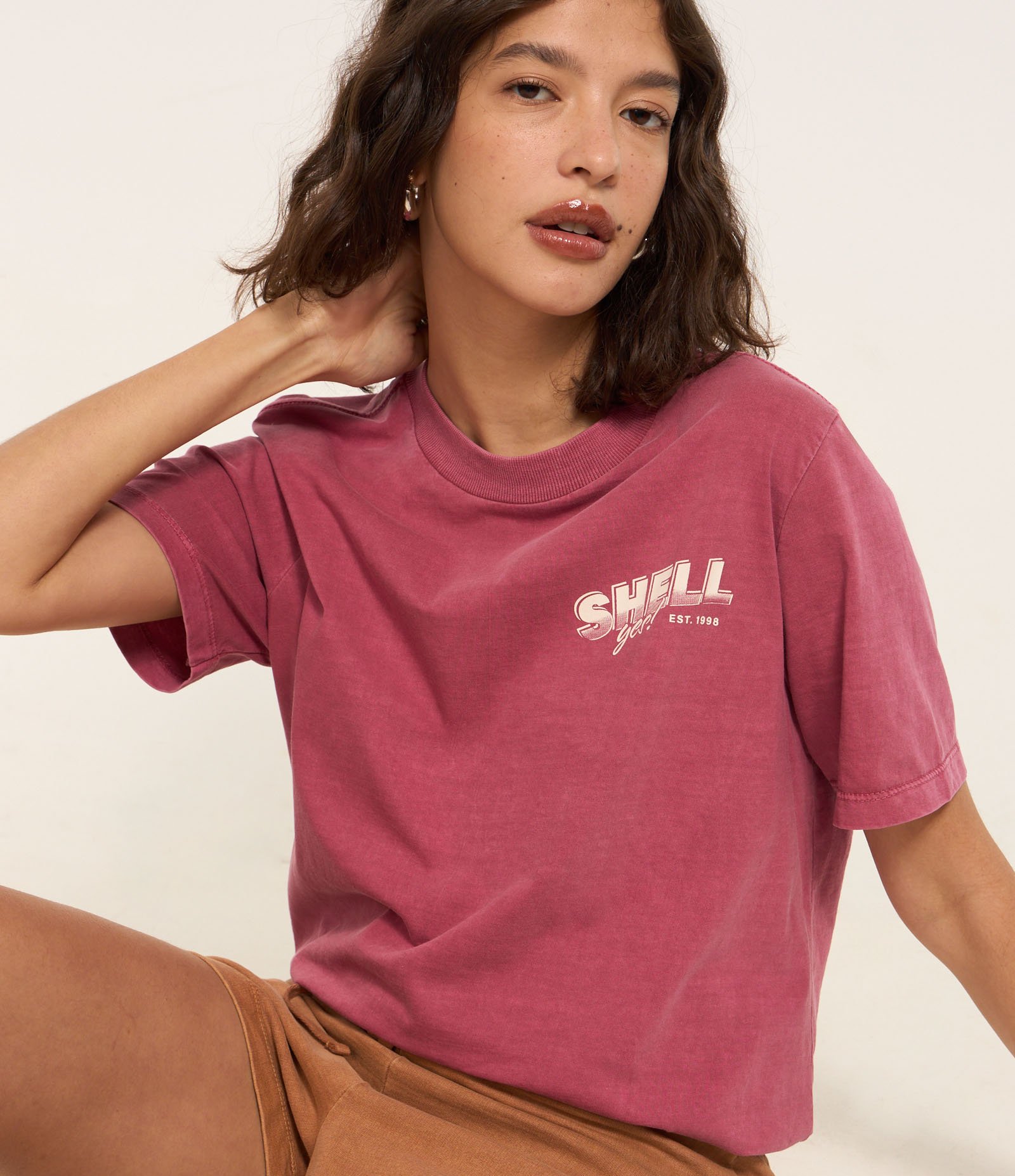 Camiseta Alongada em Algodão com Estampa Frente e Costas Shell Rosa 2