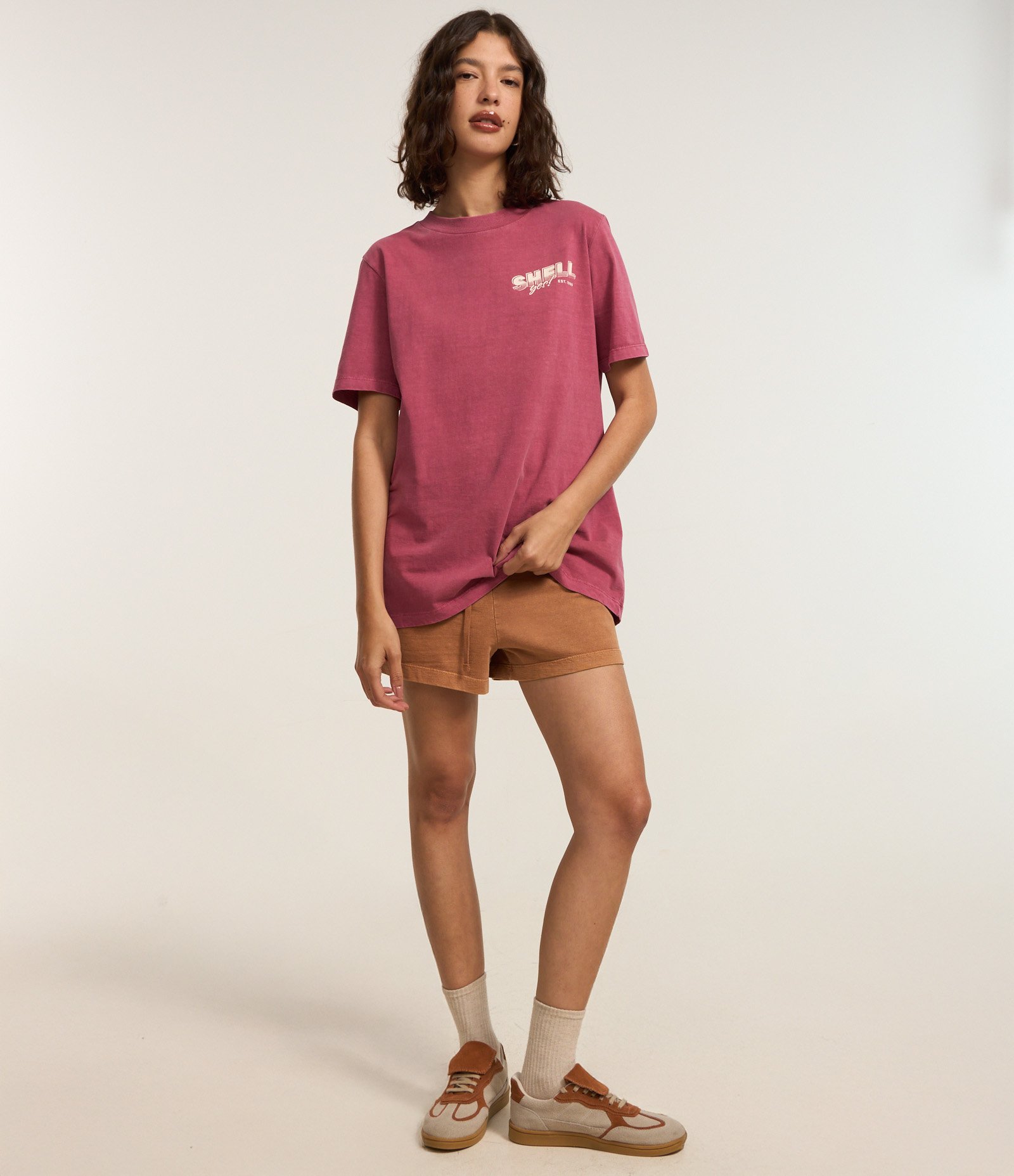 Camiseta Alongada em Algodão com Estampa Frente e Costas Shell Rosa 3