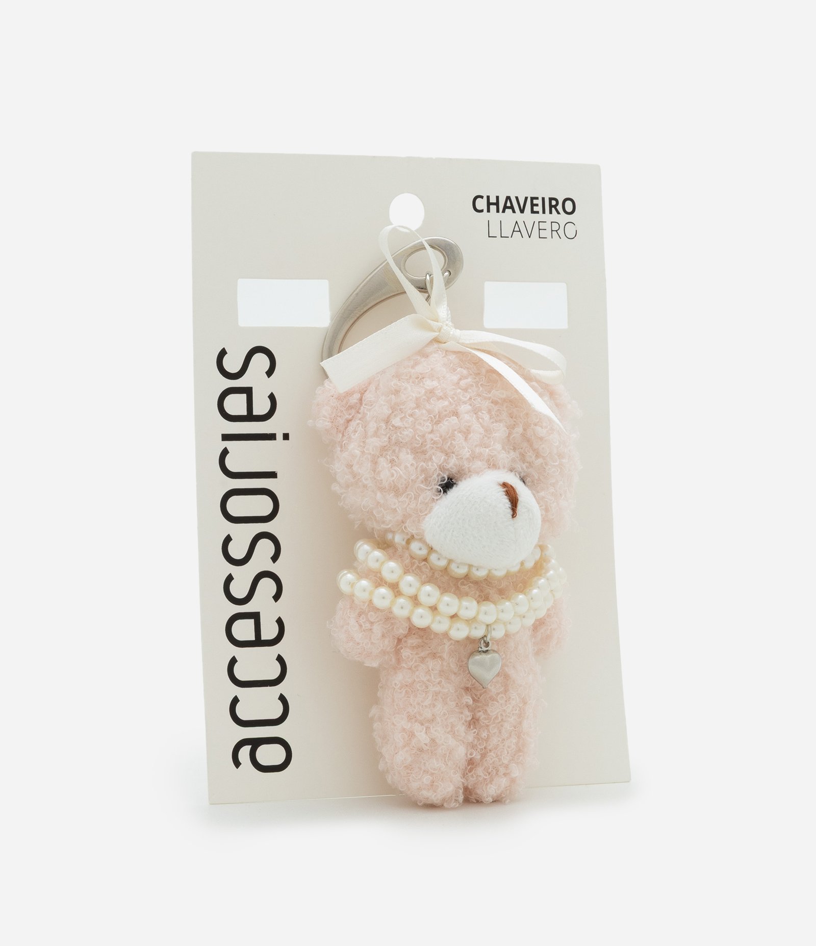 Chaveiro Ursinho de Pelúcia com Laço e Colar de Pérolas Rosa 3
