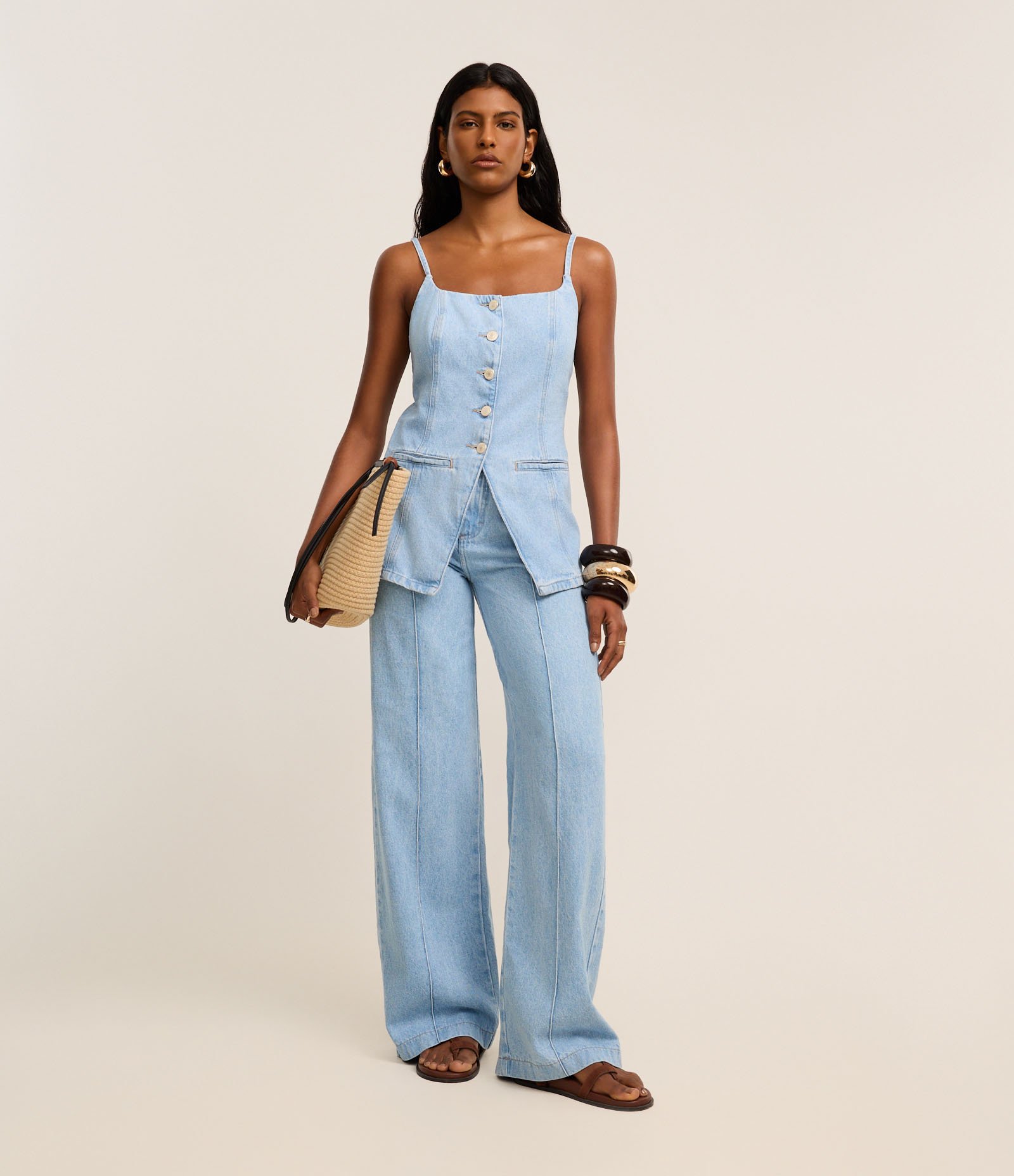 Calça Wide Leg Cintura Alta em Jeans com Frisos Azul 1