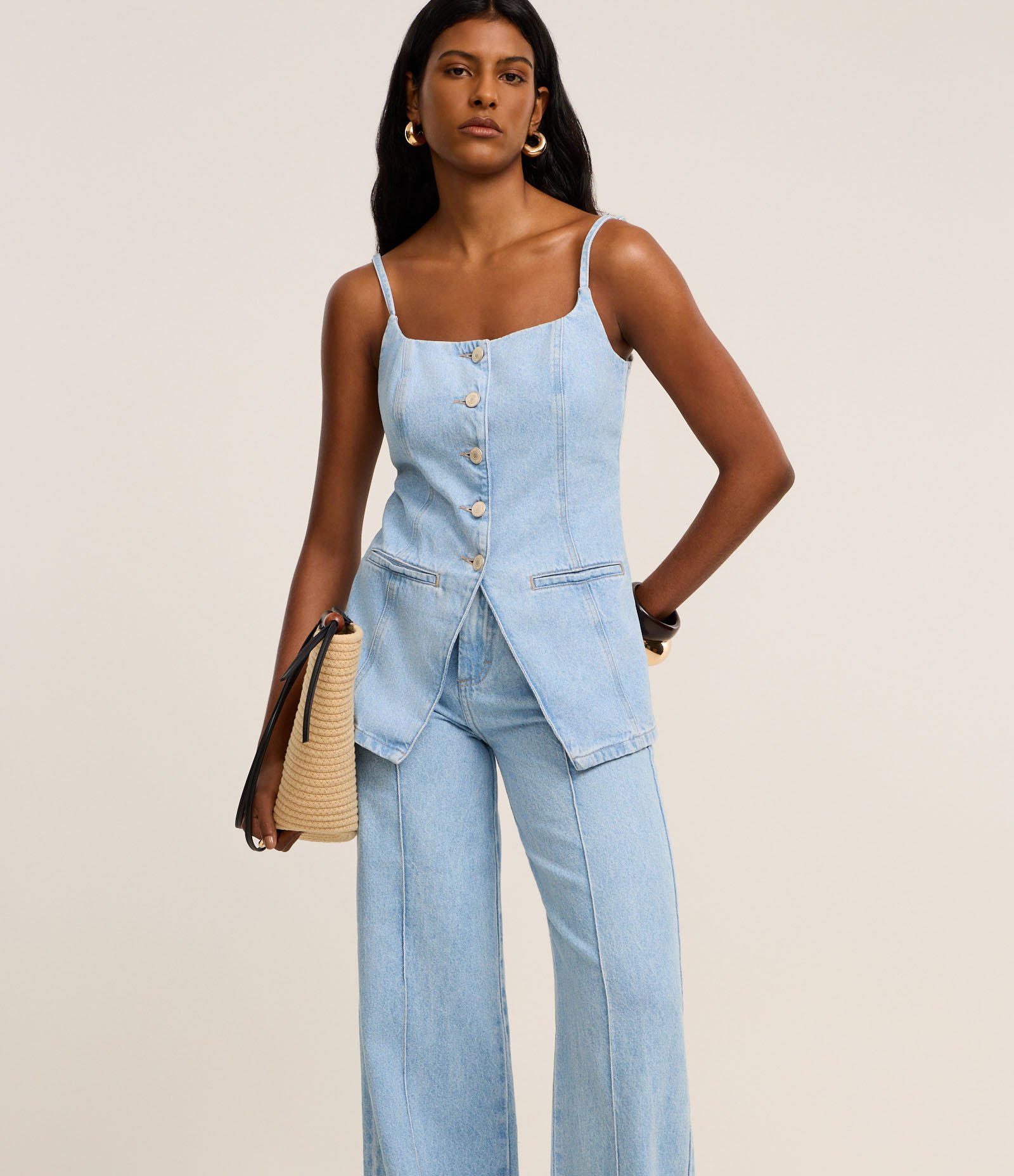 Calça Wide Leg Cintura Alta em Jeans com Frisos Azul 2