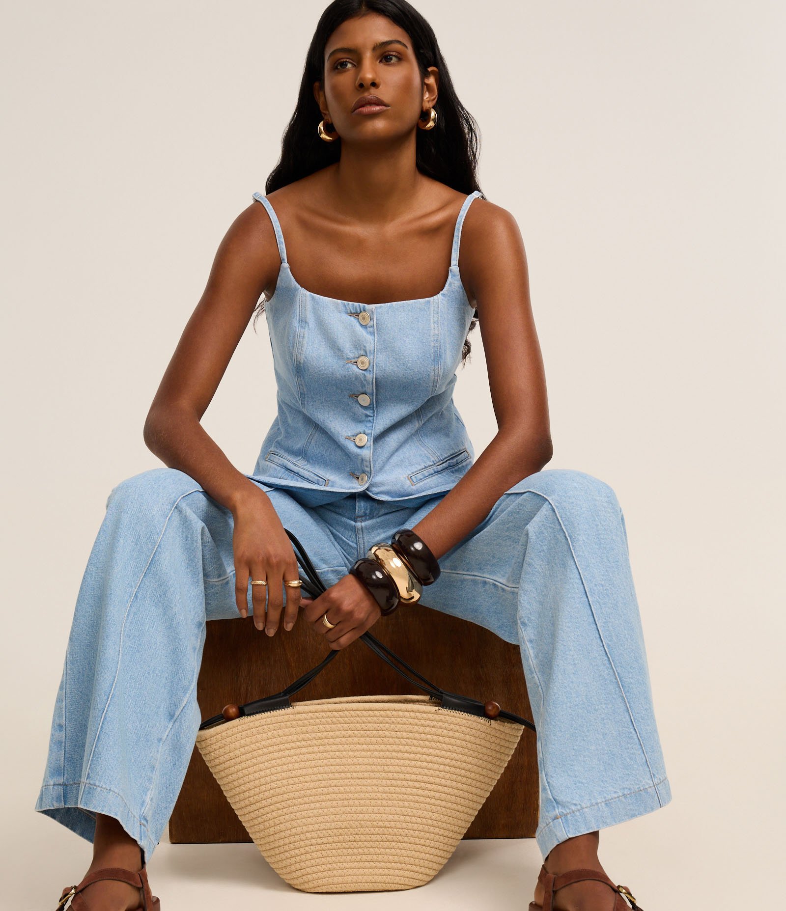 Calça Wide Leg Cintura Alta em Jeans com Frisos Azul 5