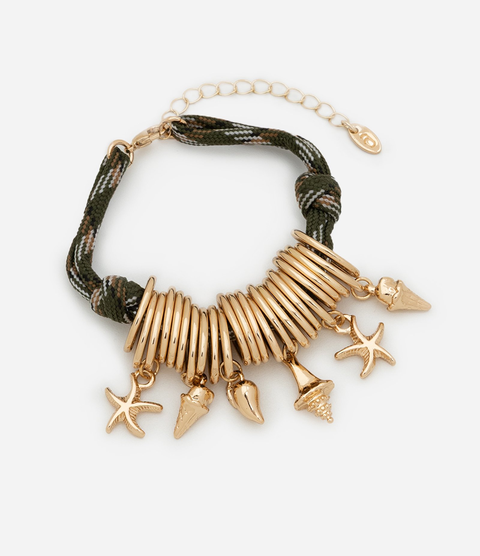 Pulseira Berloque com Corrente de Corda e Pingentes Fundo do Mar Dourado/Verde 1