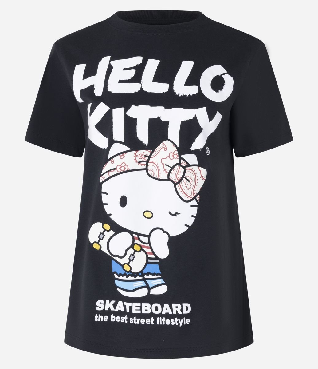 Camiseta Alongada em Algodão com Estampa Hello Kitty Skateboard Preto