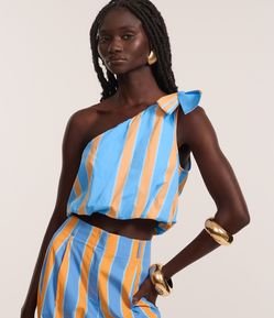 Blusa Cropped Listrada em Tricoline com Laço no Ombro Só