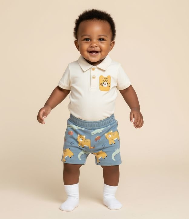 Conjunto Body e Bermuda em Cotton Estampa Bichinhos - Tam 0 a 18 meses