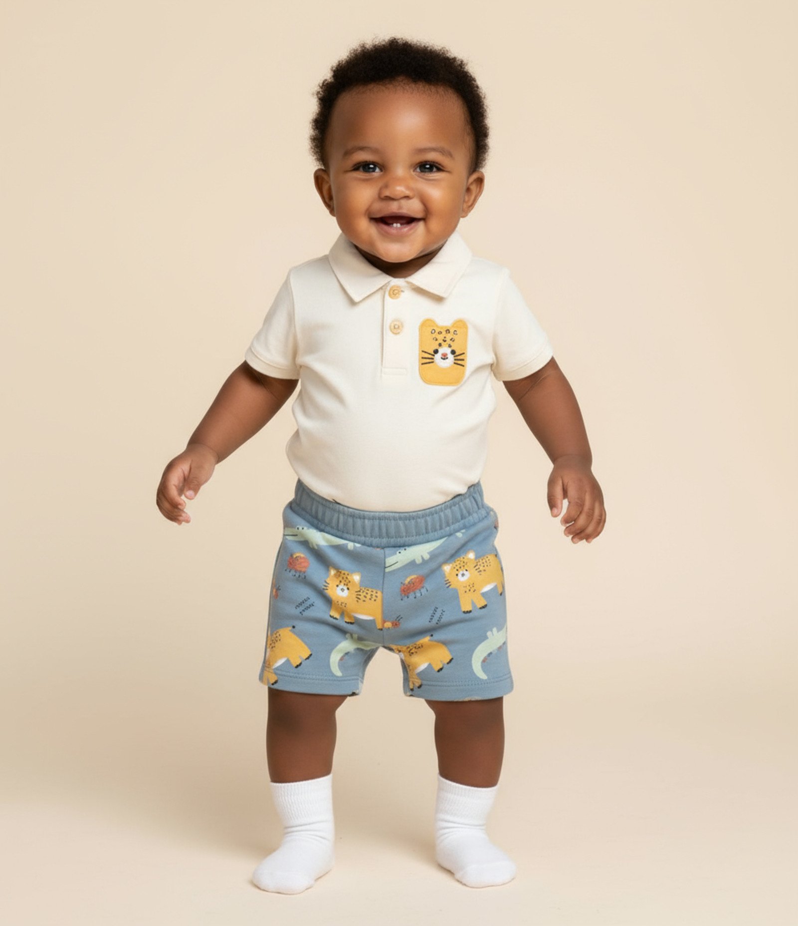 Conjunto Body e Bermuda em Cotton Estampa Bichinhos - Tam  0 a 18 meses Bege/Azul 1