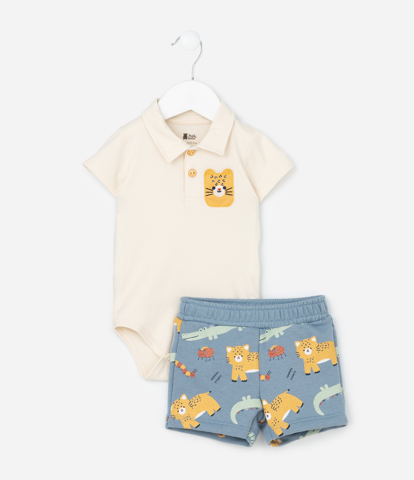 Conjunto Body e Bermuda em Cotton Estampa Bichinhos - Tam  0 a 18 meses Bege/Azul 2
