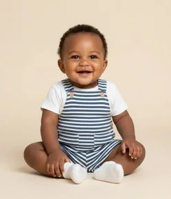 Jardineira Infantil com Estampa de Listras e Texturizada - Tam  0 a 18 Meses