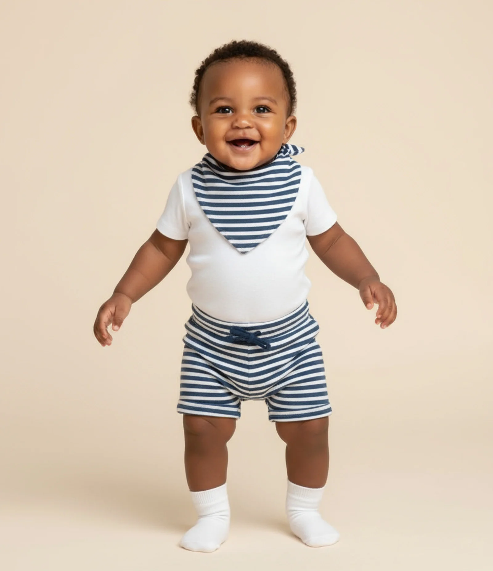 Conjunto Body Bermuda e Babador em Cotton Estampa de Listras - Tam 0 a 18 Meses Branco/Azul 1