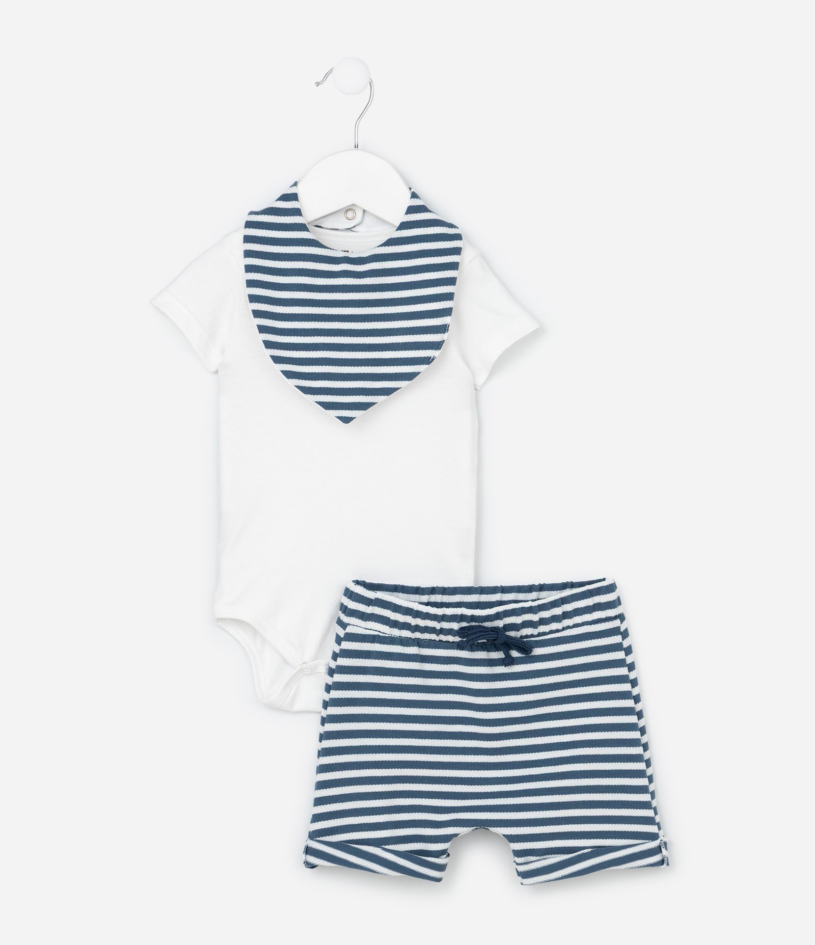 Conjunto Body Bermuda e Babador em Cotton Estampa de Listras - Tam 0 a 18 Meses Branco/Azul 2