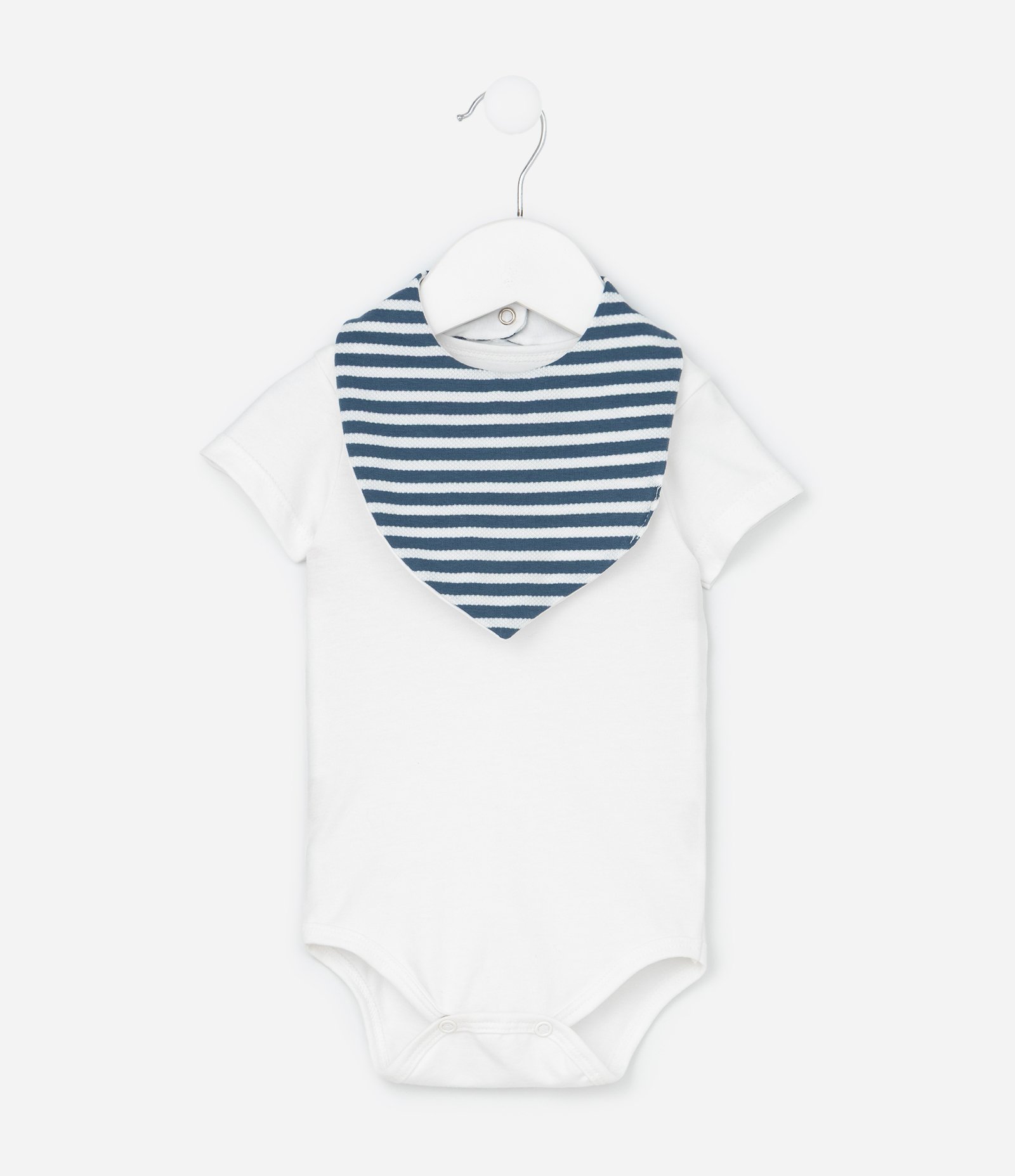 Conjunto Body Bermuda e Babador em Cotton Estampa de Listras - Tam 0 a 18 Meses Branco/Azul 3