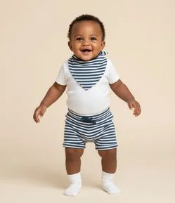 Conjunto Body Bermuda e Babador em Cotton Estampa de Listras - Tam 0 a 18 Meses