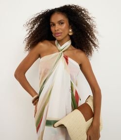 Canga Retangular em Chiffon com Estampa de Folhagem de Buriti e Tassel
