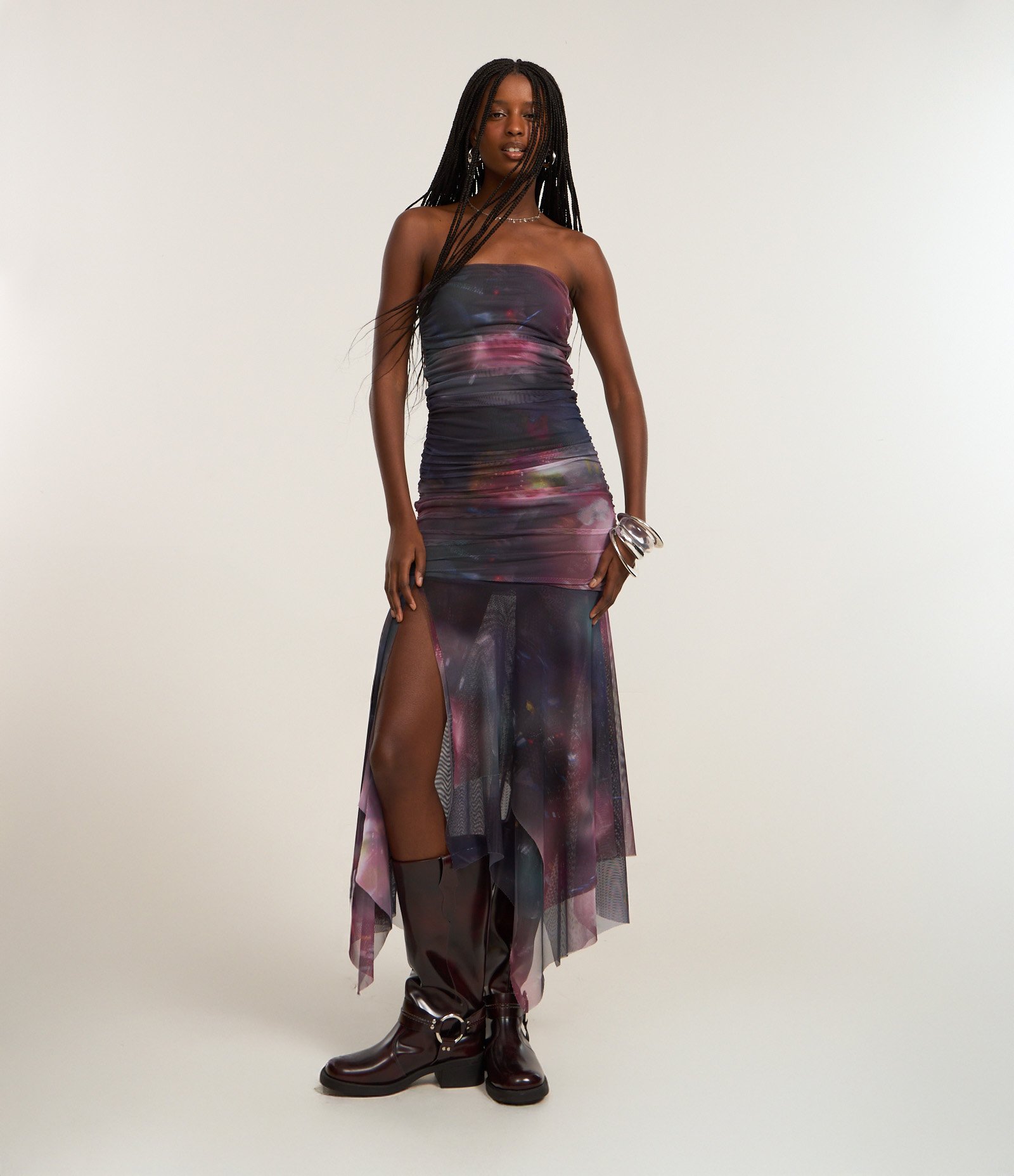 Vestido sem Manga em Tule com Estampa Abstrata Roxo 1