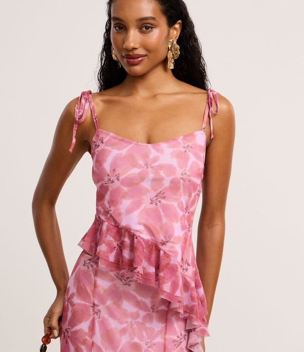 Blusa de Alça em Tule Floral com Babado na Barra Assimétrica