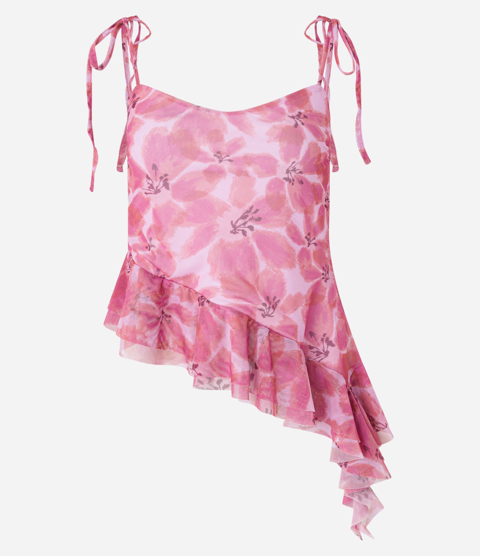 Blusa de Alça em Tule Floral com Babado na Barra Assimétrica Rosa 6