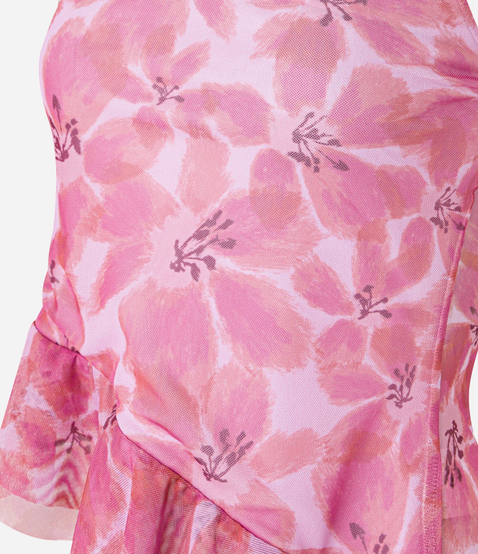 Blusa de Alça em Tule Floral com Babado na Barra Assimétrica Rosa 7