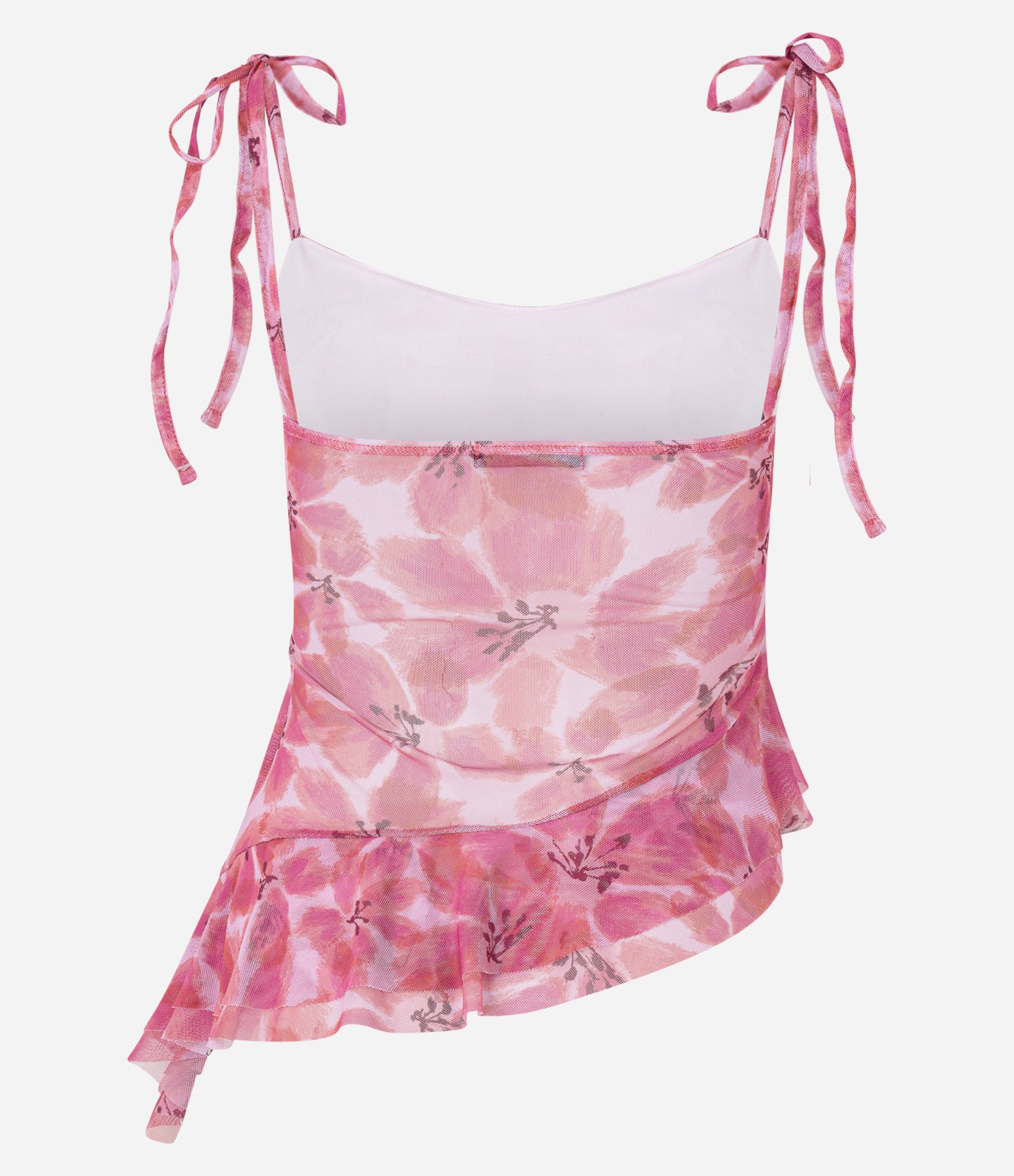 Blusa de Alça em Tule Floral com Babado na Barra Assimétrica Rosa 8