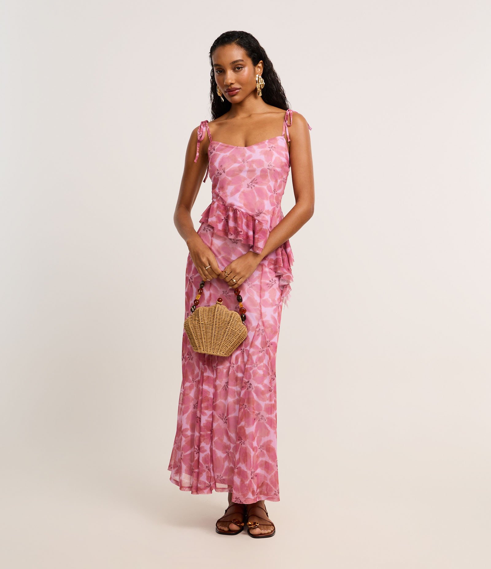 Blusa de Alça em Tule Floral com Babado na Barra Assimétrica Rosa 2