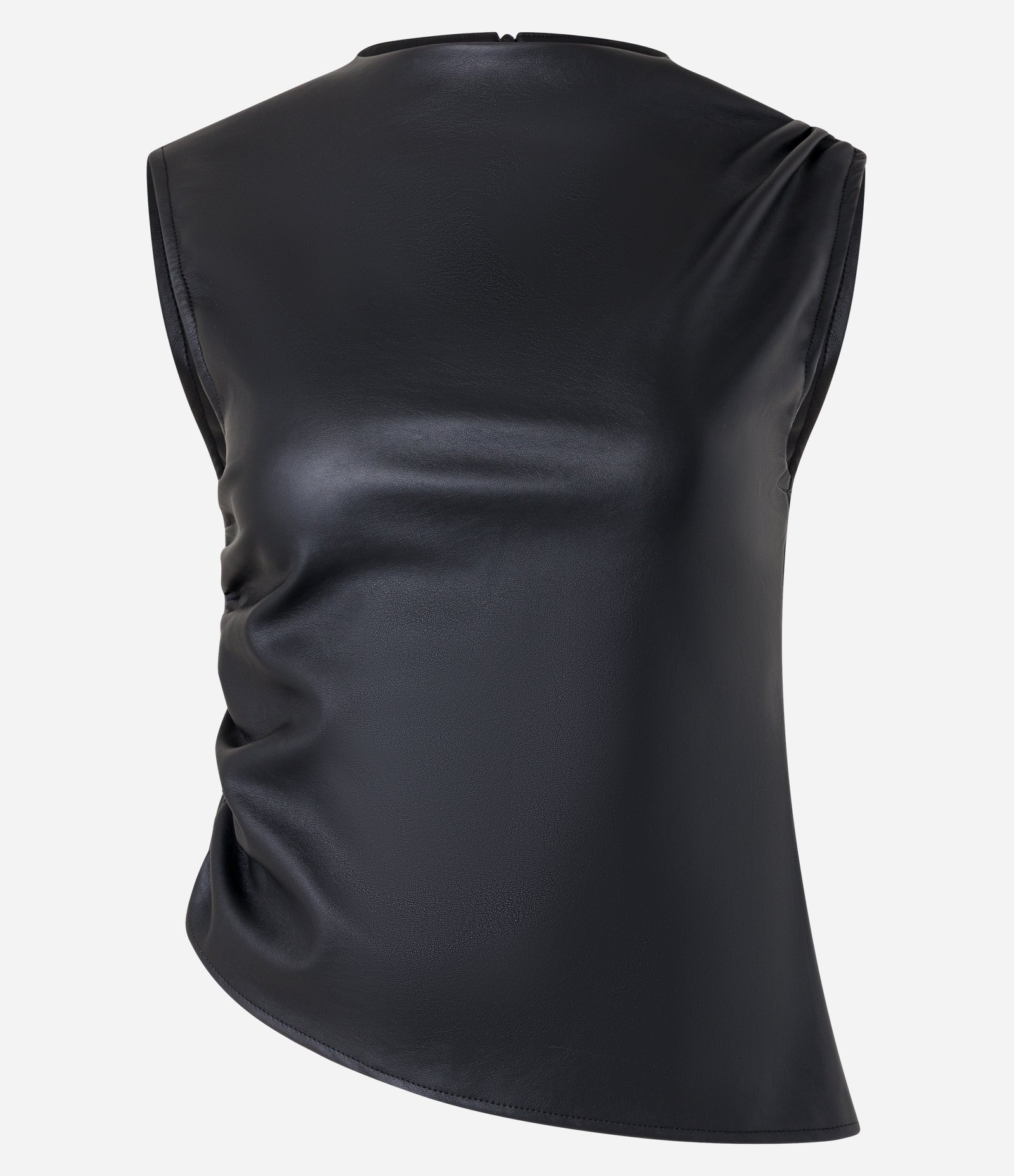 Blusa em PU com Drapeado Lateral e Barra Assimétrica Preto 1