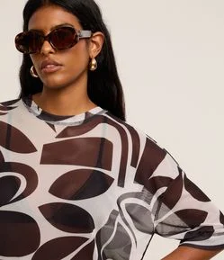 Blusa em Tule com Costura Aparente e Estampa Abstrata
