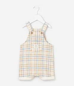 Jardineira Infantil em Moletom com Estampa Xadrez - Tam 0 a 18 Meses