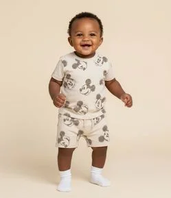 Conjunto Infantil em Moletom com Estampa Mickey - Tam 0 a 18 Meses
