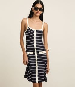 Vestido Curto em Ribana Listrada com Botões