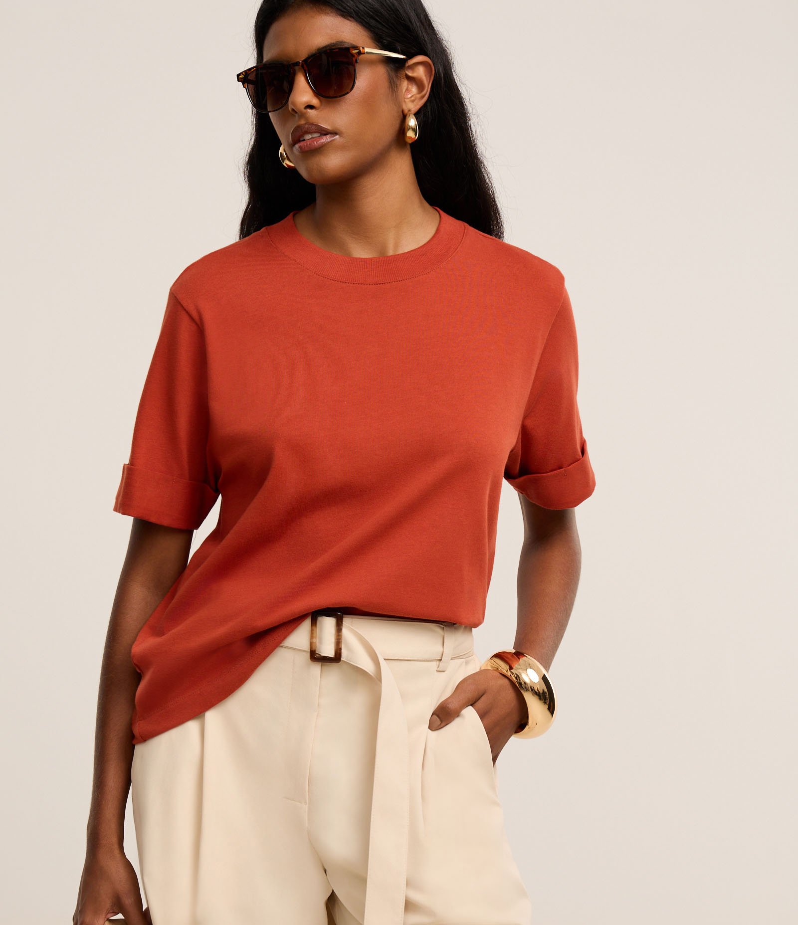 Blusa Alongada em Malhão com Manga Dobrada Terracota 1