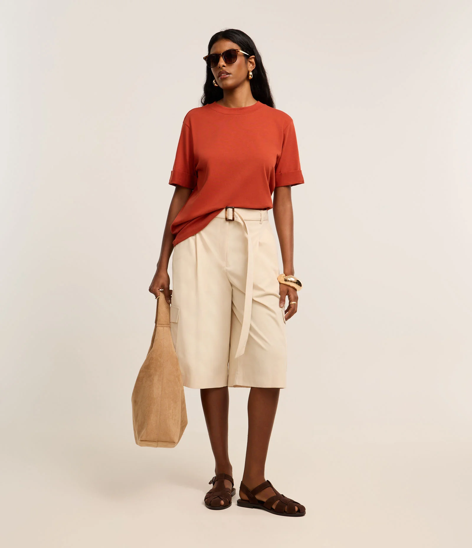 Blusa Alongada em Malhão com Manga Dobrada Terracota 2