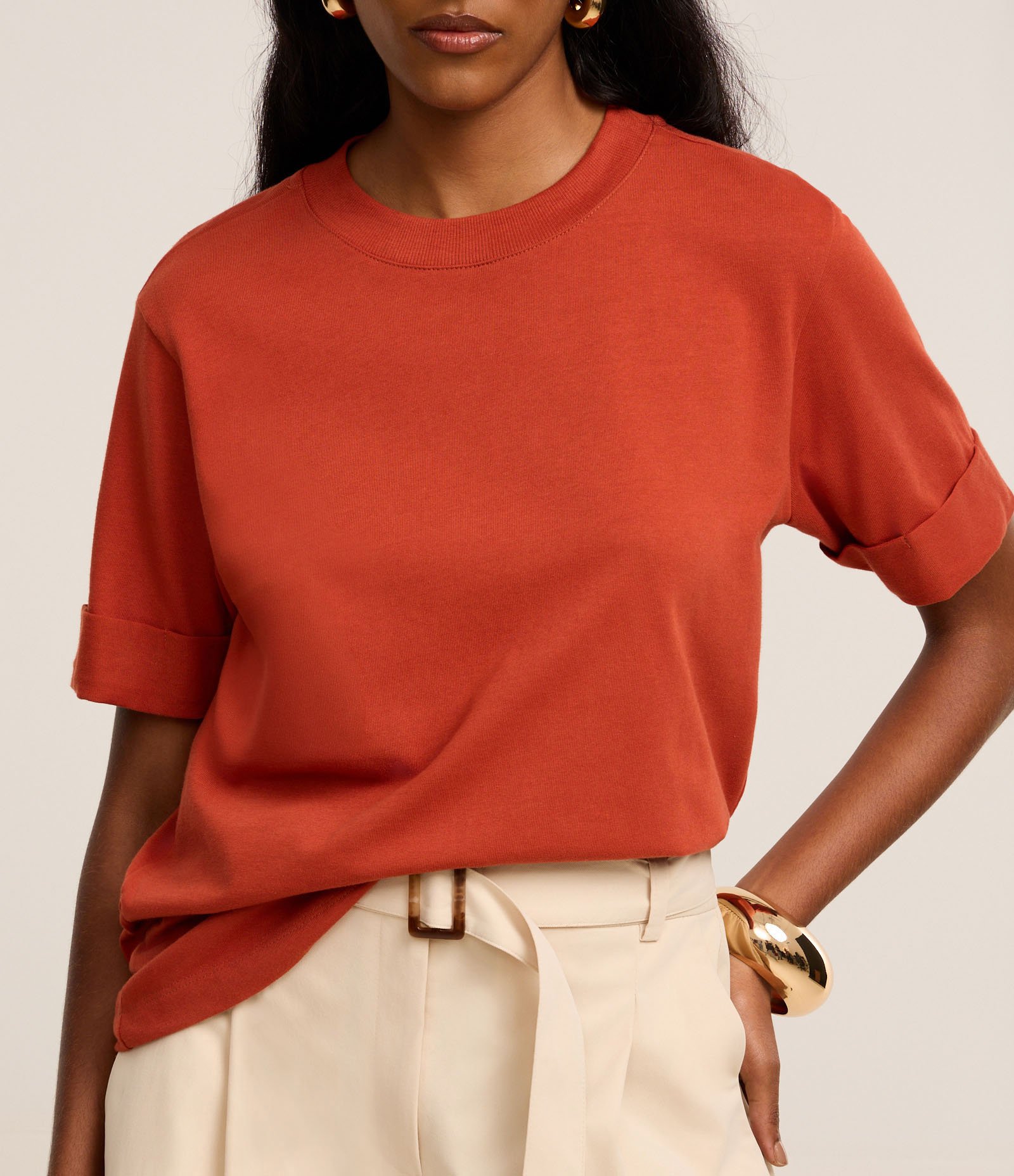 Blusa Alongada em Malhão com Manga Dobrada Terracota 4