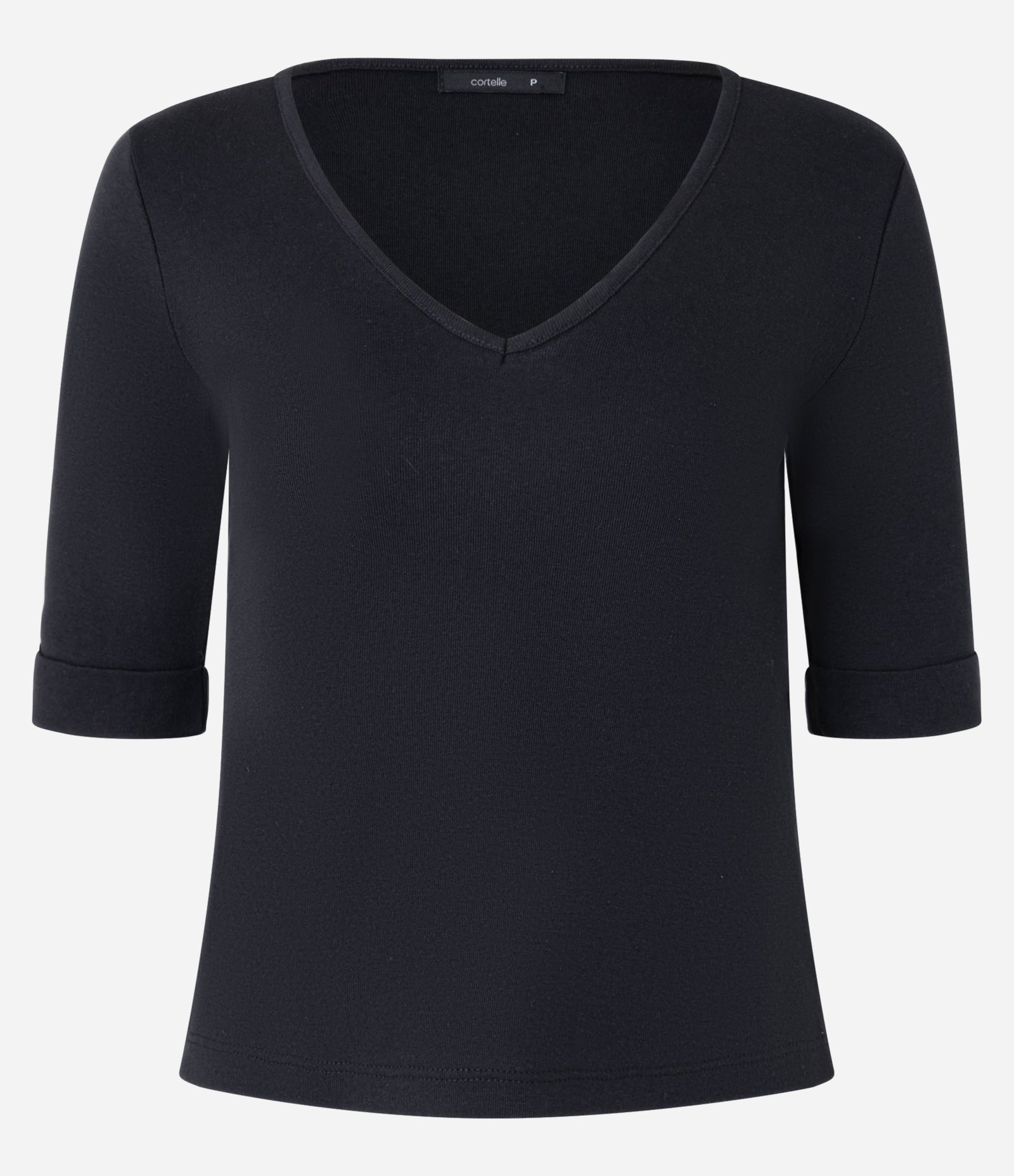 Blusa em Ribana com Decote V e Manga Dobrada Preto 5