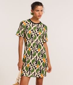 Vestido Curto T-shirt em Viscose com Estampa Geométrica